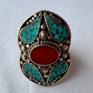 Vintage Tibetan Ring Turquoise Coral Inlay Handmade Tribal Large